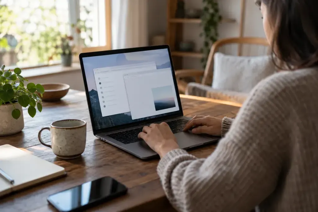 Two browser windows with simple indistinct interface panels on a laptop.