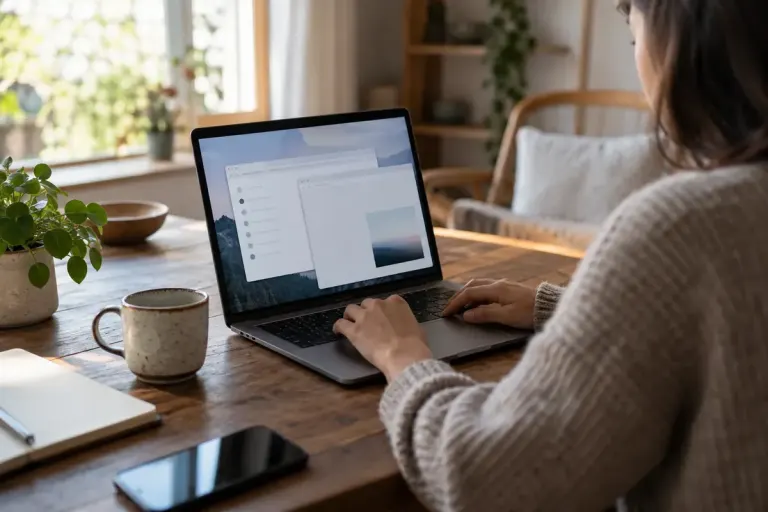 Two browser windows with simple indistinct interface panels on a laptop.