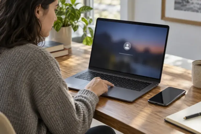 A person reviewing a device sign-in prompt on a laptop.