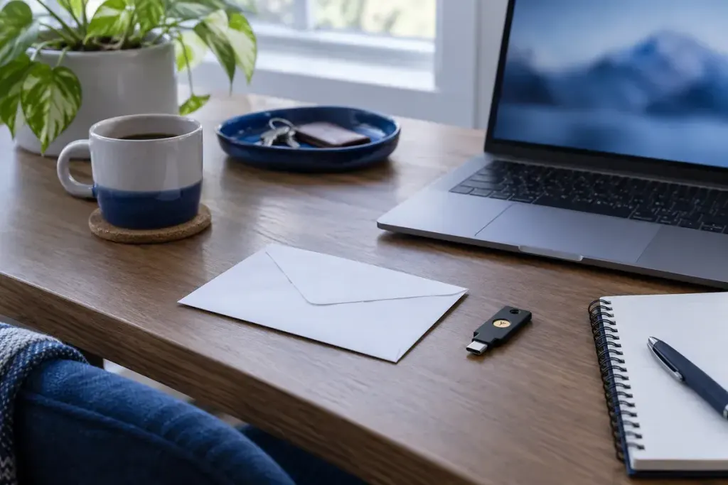 A sealed envelope and hardware security key beside a laptop and notebook.