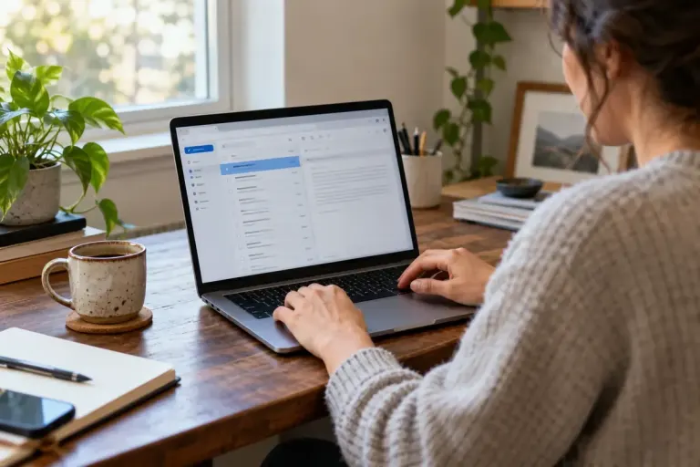 A person sorting email on a laptop with generic folders in a private home workspace.