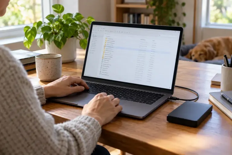 A laptop displaying a generic archive file list on a home desk beside a small external drive.
