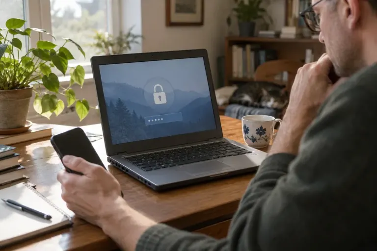 An old laptop and phone on a home desk beside a person reviewing an abstract account security screen.