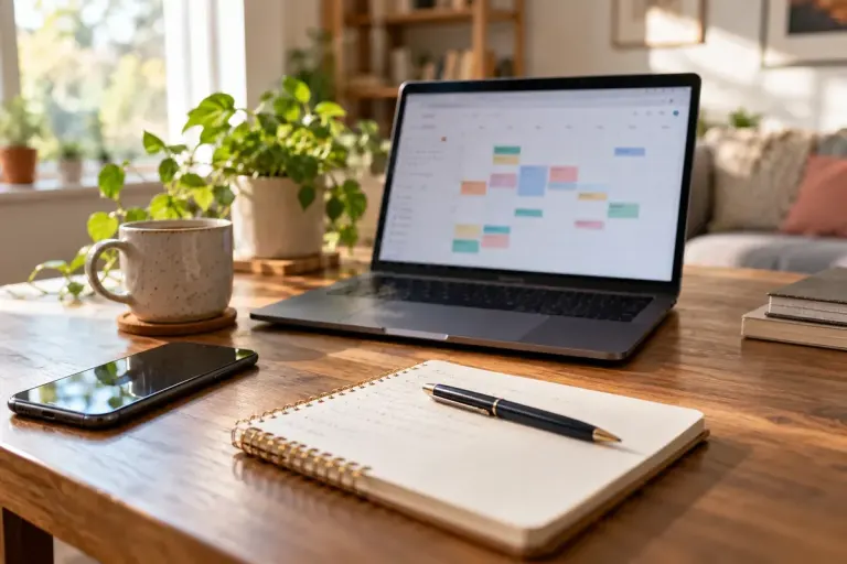 A laptop calendar interface softly out of focus beside a phone and notebook, clean home workspace.
