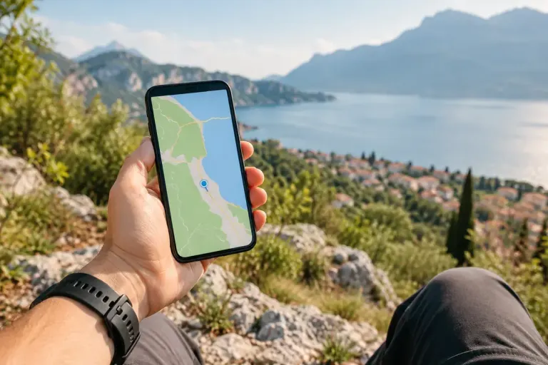 Smartphone with generic location map in hand.