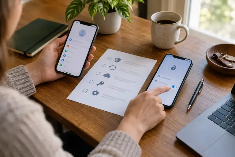 Two phones and a printed recovery checklist on a private home desk, screens show abstract settings.