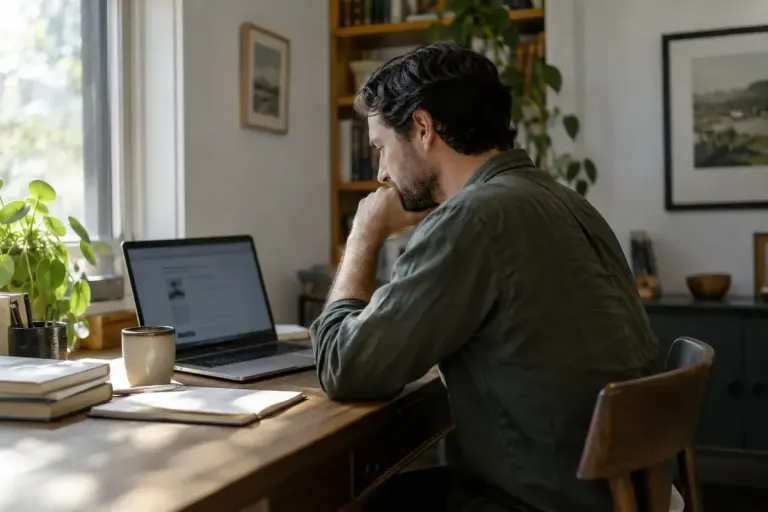 An adult reading a laptop screen at a home desk.
