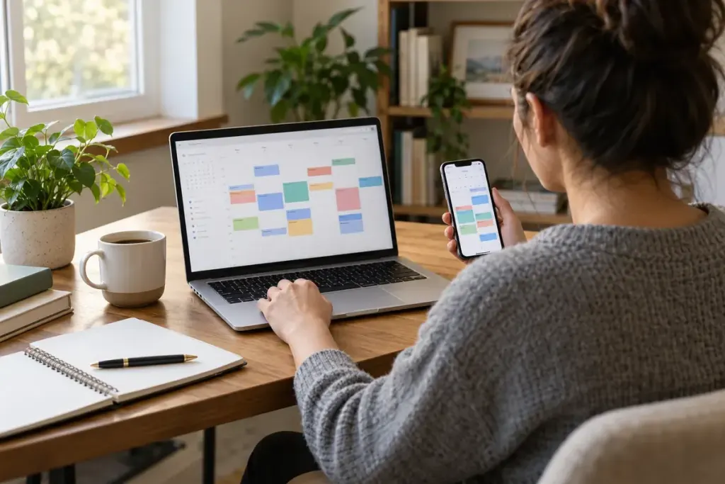 A person comparing calendar screens on a laptop and phone in a home office, no readable private details.