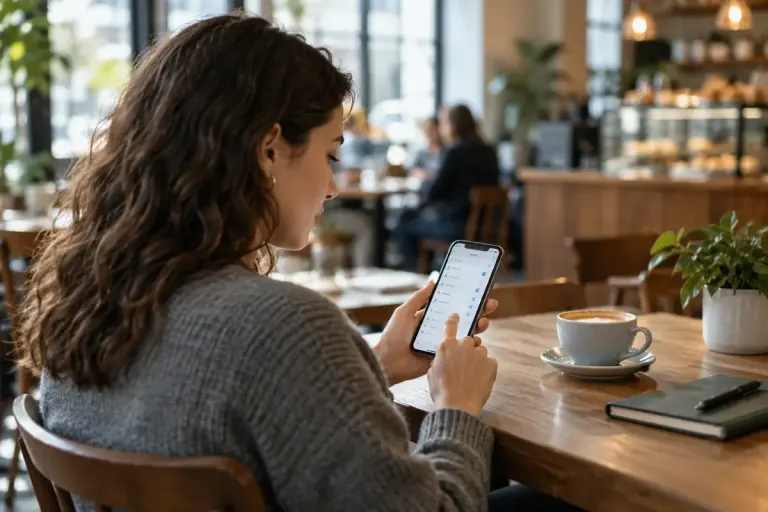 A person checking a smartphone's sharing settings in a cafe, screen indistinct, no brand logos or private data.