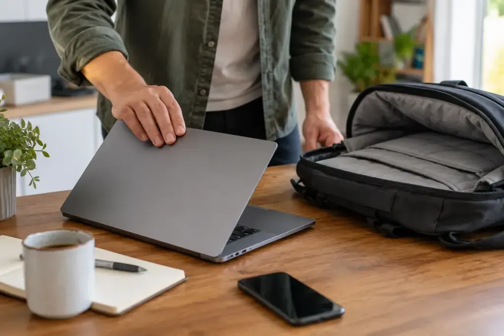A person closing a laptop beside a padded travel bag on a desk.