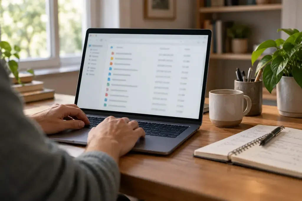 A laptop displaying an intentionally blurred file manager beside a notebook in a home office.