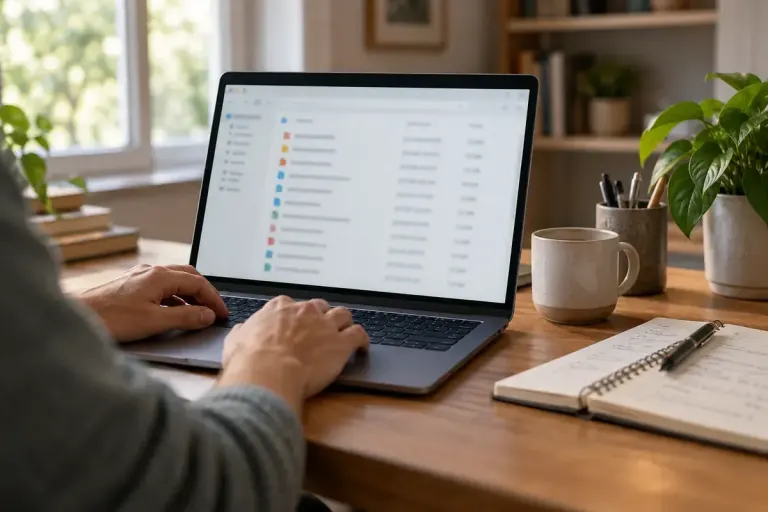 A laptop displaying an intentionally blurred file manager beside a notebook in a home office.