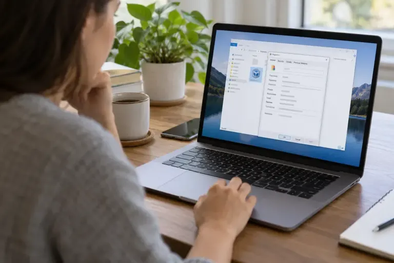 Person inspecting file properties on a laptop at a desk.