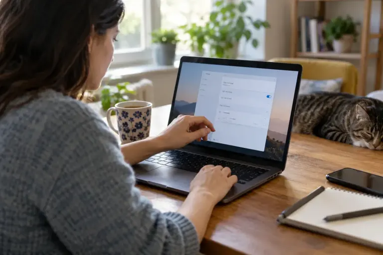 A person checking the date and time settings on a laptop at home.