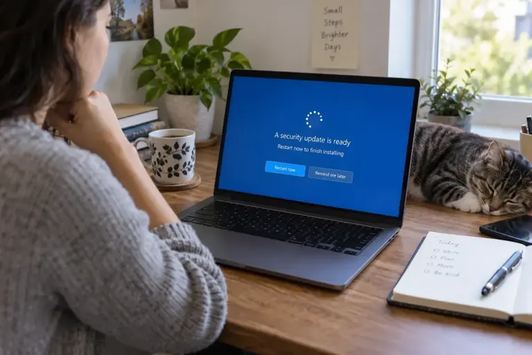 A laptop on a home desk displaying a generic restart prompt.