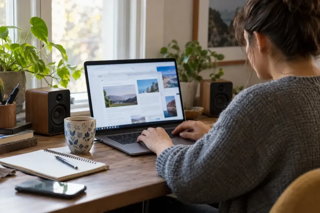 A person at a home desk using a laptop with several softly blurred browser tabs.