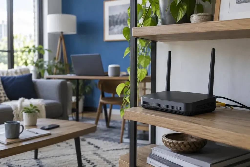 A home Wi-Fi router on an open shelf with a laptop in the background.