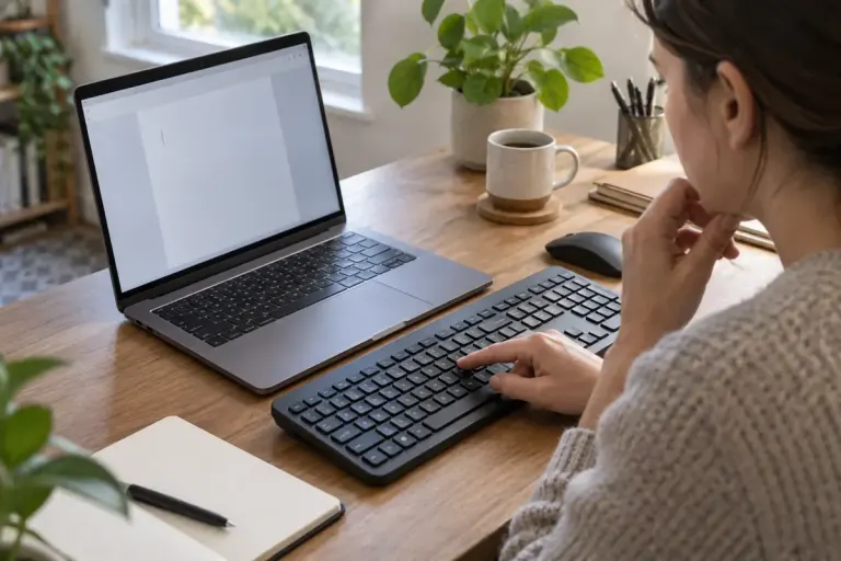Laptop and external keyboard beside an open document.