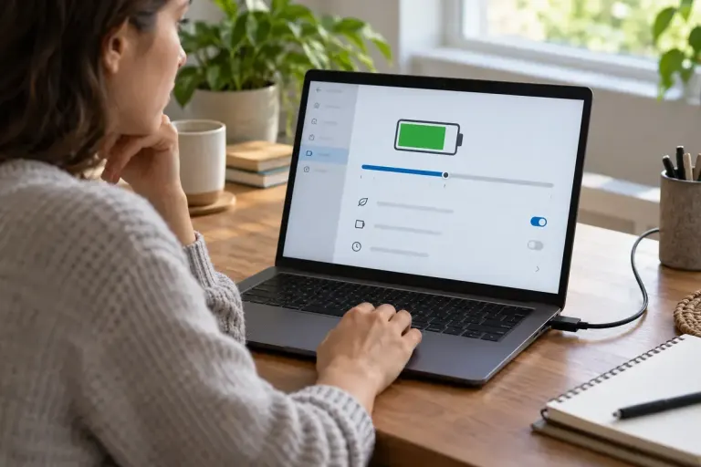 Person reviewing battery settings on a laptop plugged into its charger at a home desk.