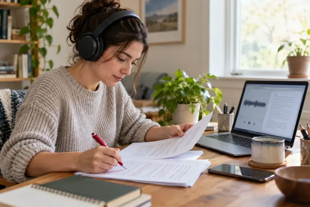 A person wearing headphones listening to a document on a laptop while marking a printed draft at a home desk.
