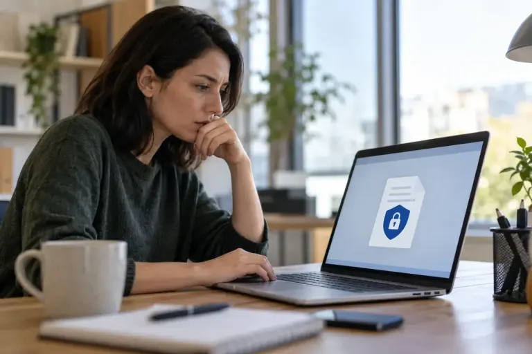 Office worker pausing at a generic document security banner on a laptop.