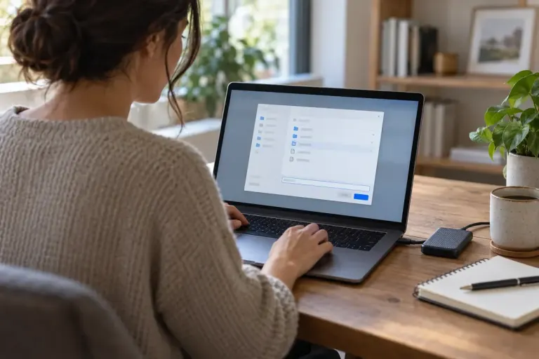 An adult reviewing file export settings on a laptop in a private home office.