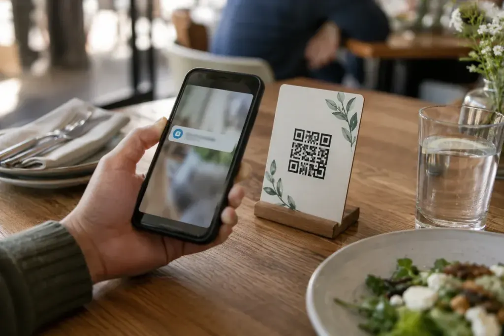 Hand holding phone near a generic restaurant table code card without scanning, screen shows blurred url preview, no real scannable code.