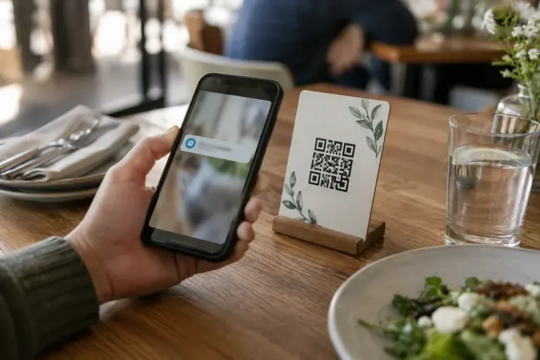 Hand holding phone near a generic restaurant table code card without scanning, screen shows blurred url preview, no real scannable code.