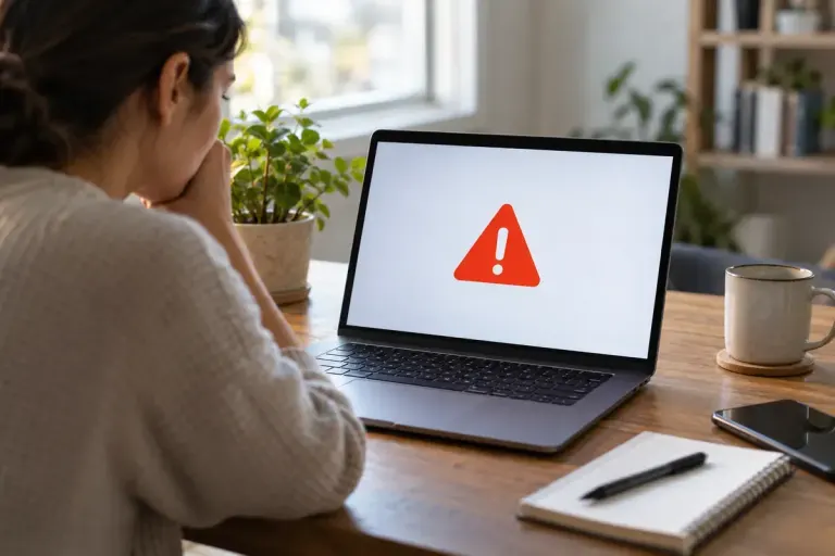 A laptop on a clean desk showing a simple generic warning icon with no readable interface text.