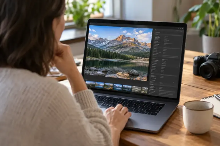 An adult reviewing a landscape photograph and file-details panel on a laptop.
