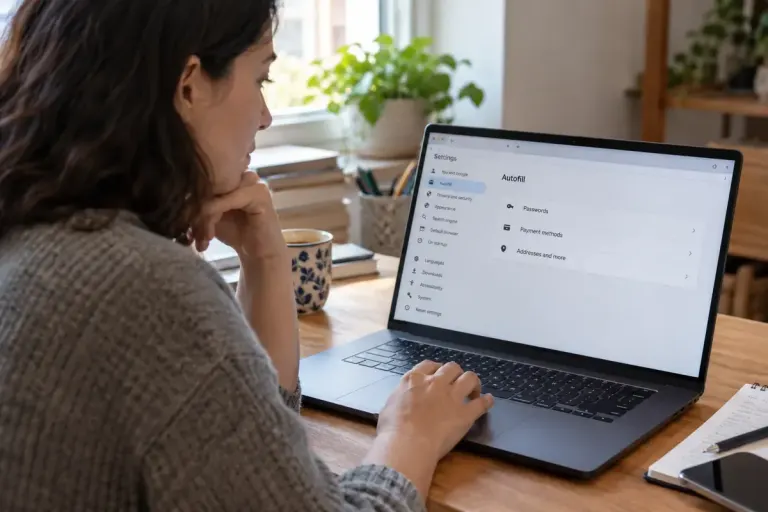 An adult reviewing a generic browser autofill settings interface at a home desk.