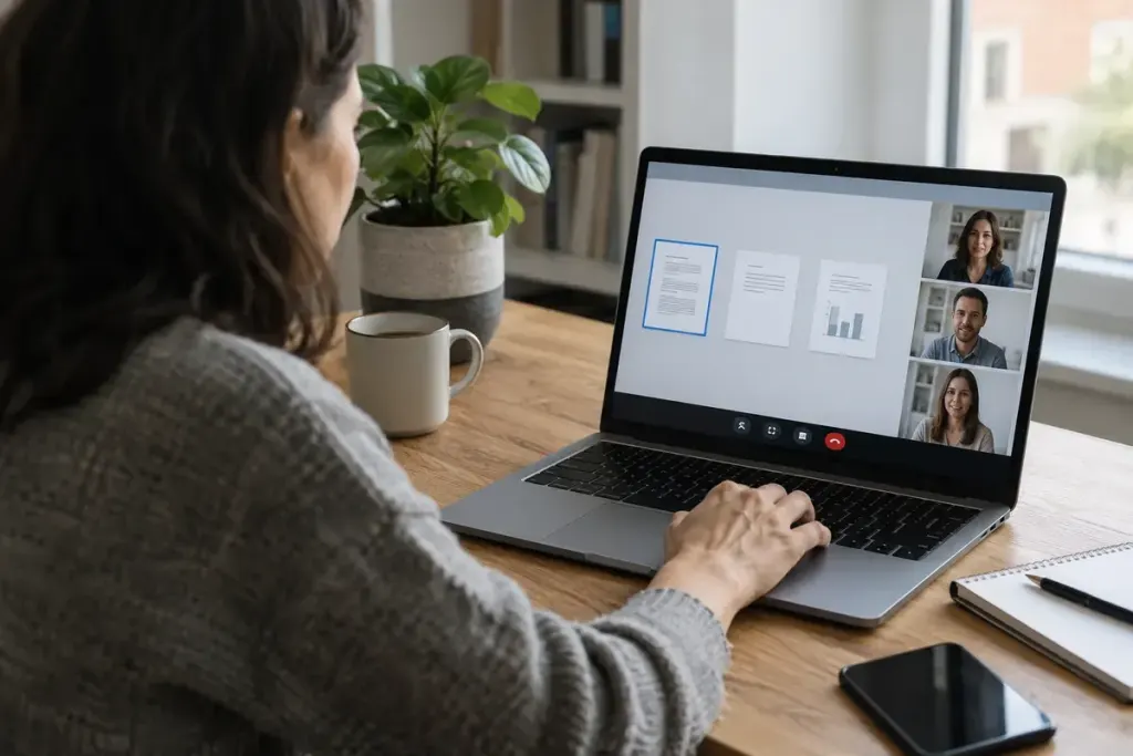 An adult selecting a single document window for a video meeting on a laptop.