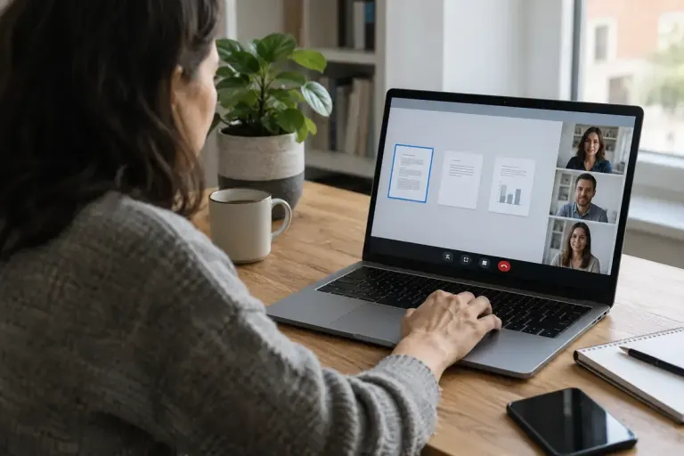 An adult selecting a single document window for a video meeting on a laptop.