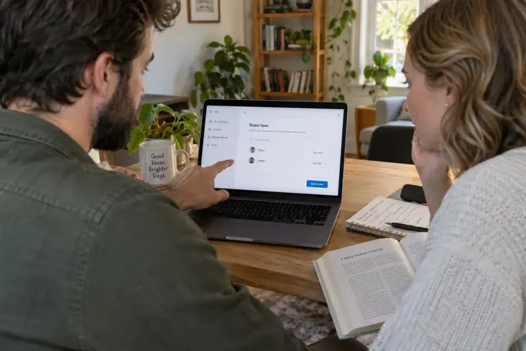 Two adults reviewing a password manager sharing interface on a laptop, generic obscured interface, warm home office.