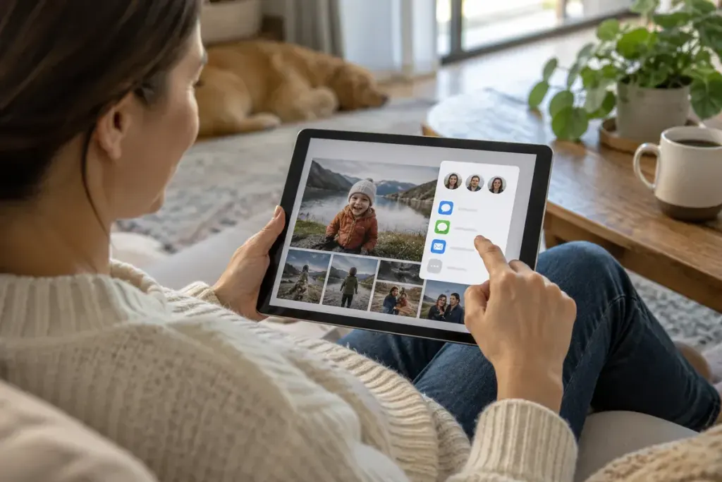 An adult reviewing photo album sharing settings on a tablet at home.