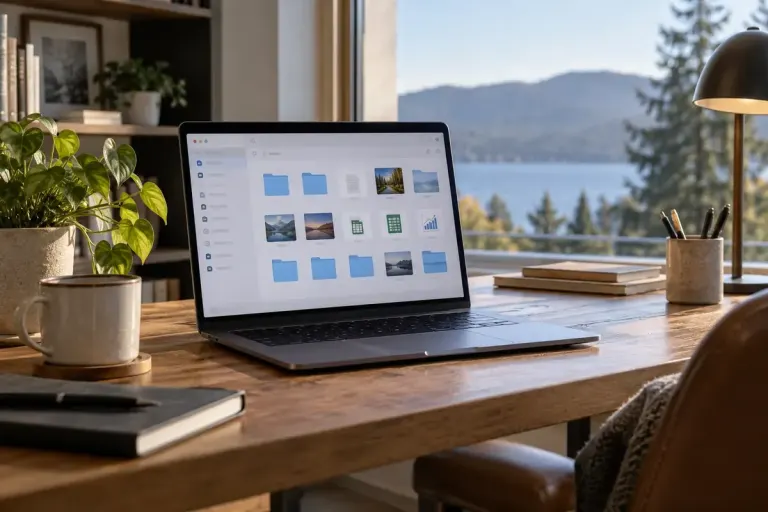 A laptop on a home office desk with an abstract file manager screen, no readable interface text.