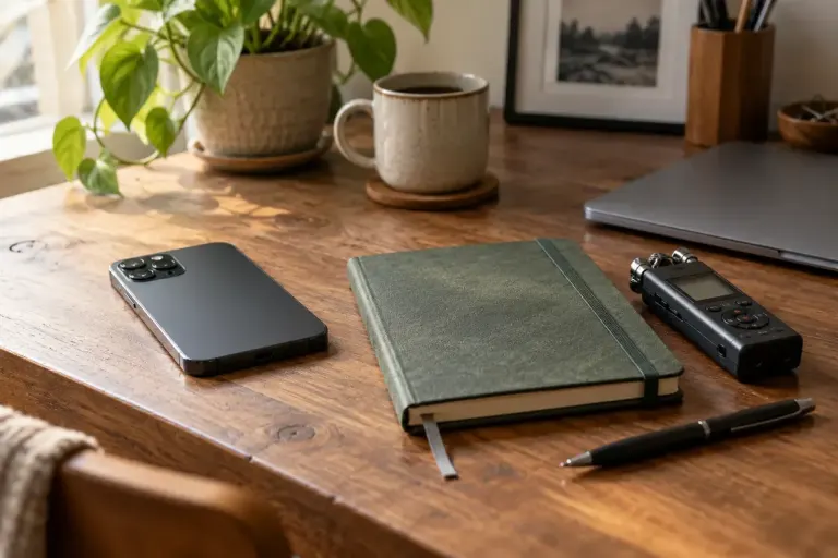 A phone, recorder and notebook on a desk.