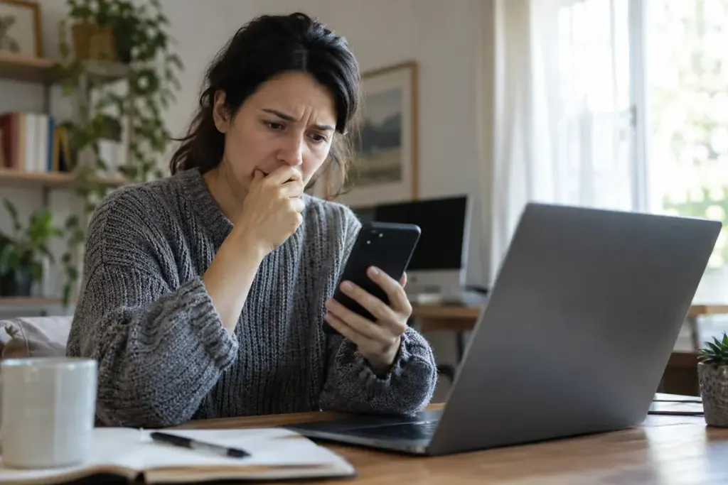 Adult noticing an unexpected sign-in request on a phone beside an open laptop, ordinary home office.
