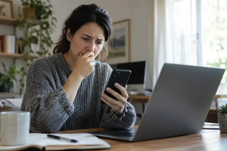 Adult noticing an unexpected sign-in request on a phone beside an open laptop, ordinary home office.