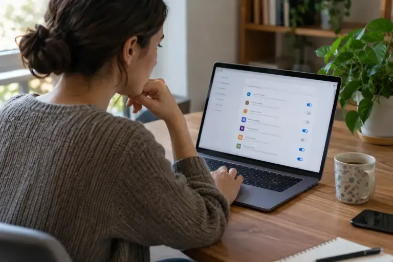 A user reviewing connected-app permissions on a laptop at a home desk.
