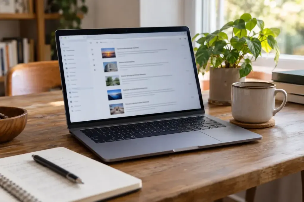 A laptop with a simple generic feed reader layout beside a cup on a quiet desk.