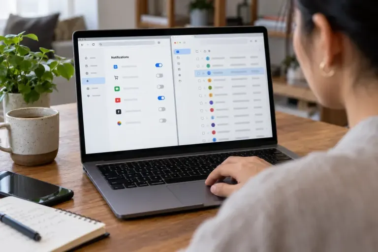 A laptop user reviewing browser notification settings beside a separate email inbox.