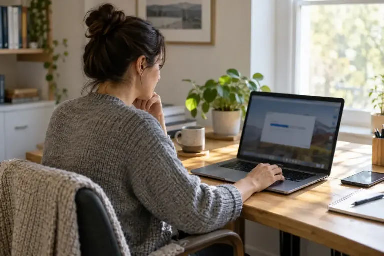 An adult reviewing a software download on a laptop at a tidy home desk with the screen unreadable.