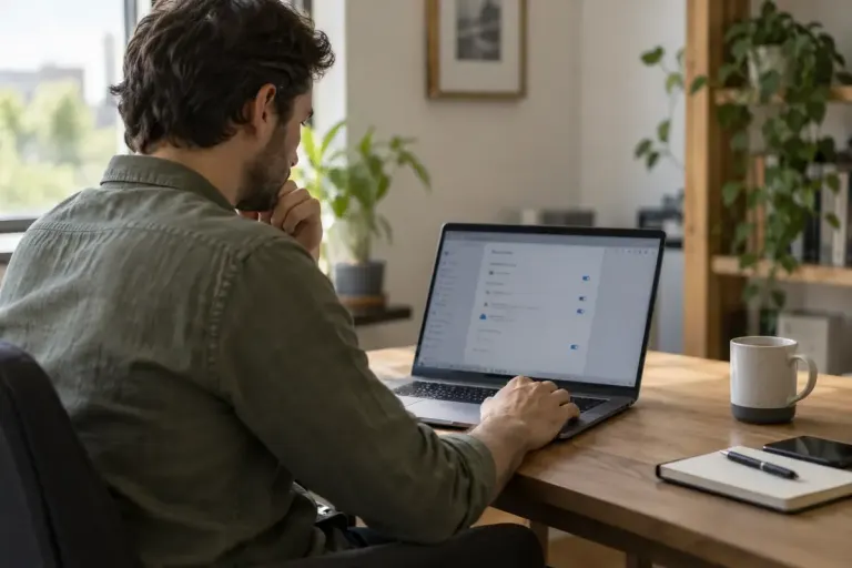An adult reviewing a laptop at a home desk.